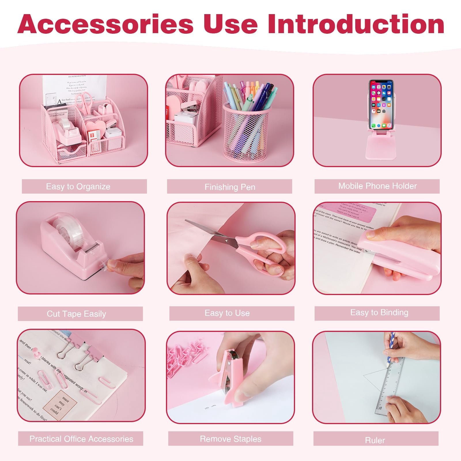 Desk Organizers And Accessories  Office Supplies 15ps Set With Stapler Staple Remover Pen Holder Clips Tape Dispenser Phone 1000 Staples Ruler (pink)