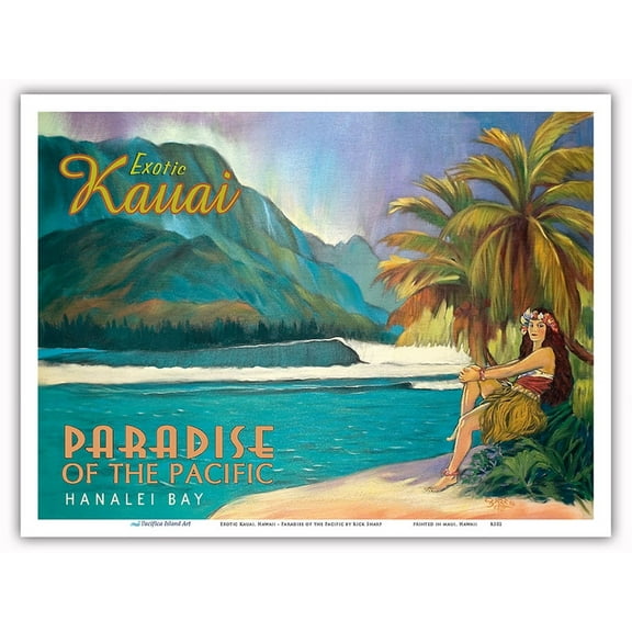 Exotic Kauai Hawaii - Paradise of the Pacific - Hanalei Bay - Vintage Hawaiian Travel Poster by Rick Sharp - Master Art Print (Unframed) 9in x 12in