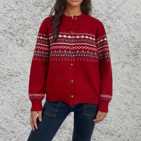 Aobny Winter Sweaters for Women Red Fair Isle Button Up Crew Neck Graphic Long Sleeve Cardigan Tops for Junior Cute