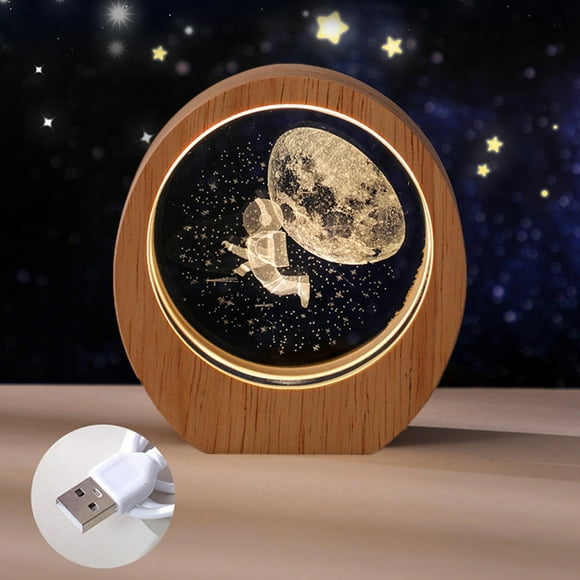 Luz nocturna de cristal luminosa tallada en 3D | Lámpara de escritorio LED recargable por USB con base de madera | Adorno decorativo caqui para regalo de cumpleaños de niña | Luz decorativa para el