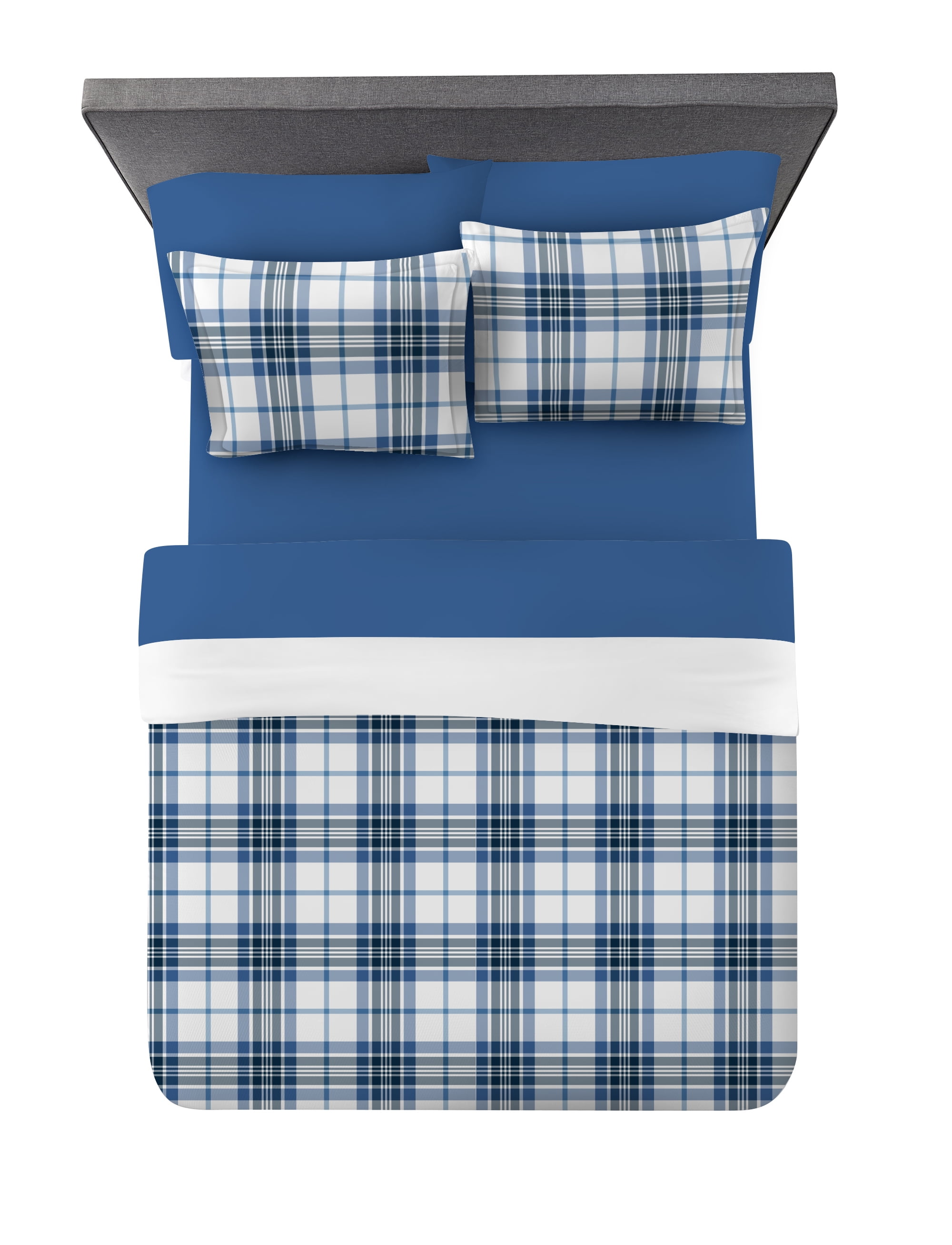 Mainstays Blue Plaid 6 Piece Bed in a Bag Comforter Set with Sheets, Twin