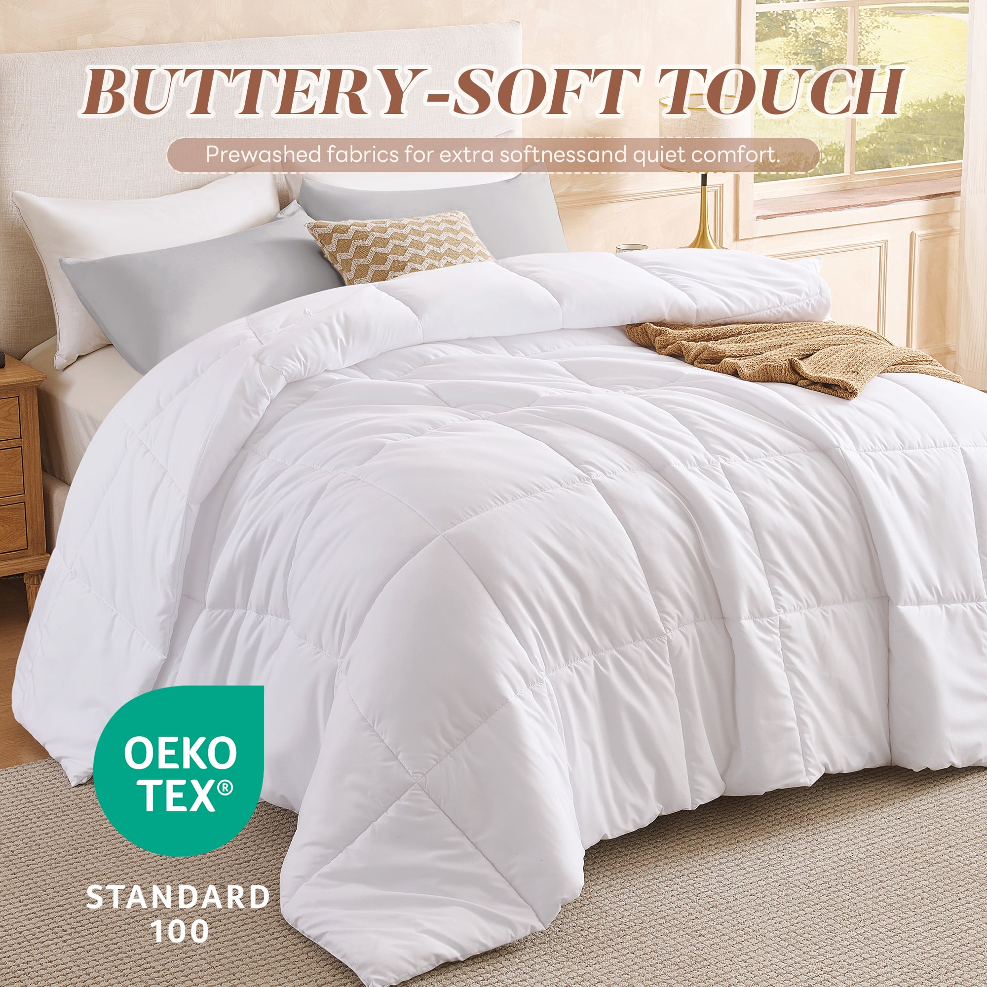 Aquzin Comforter Queen Size, All Season Quilted Down Alternative Duvet Insert with Corner Tabs, Machine Washable Microfiber Bedding, White