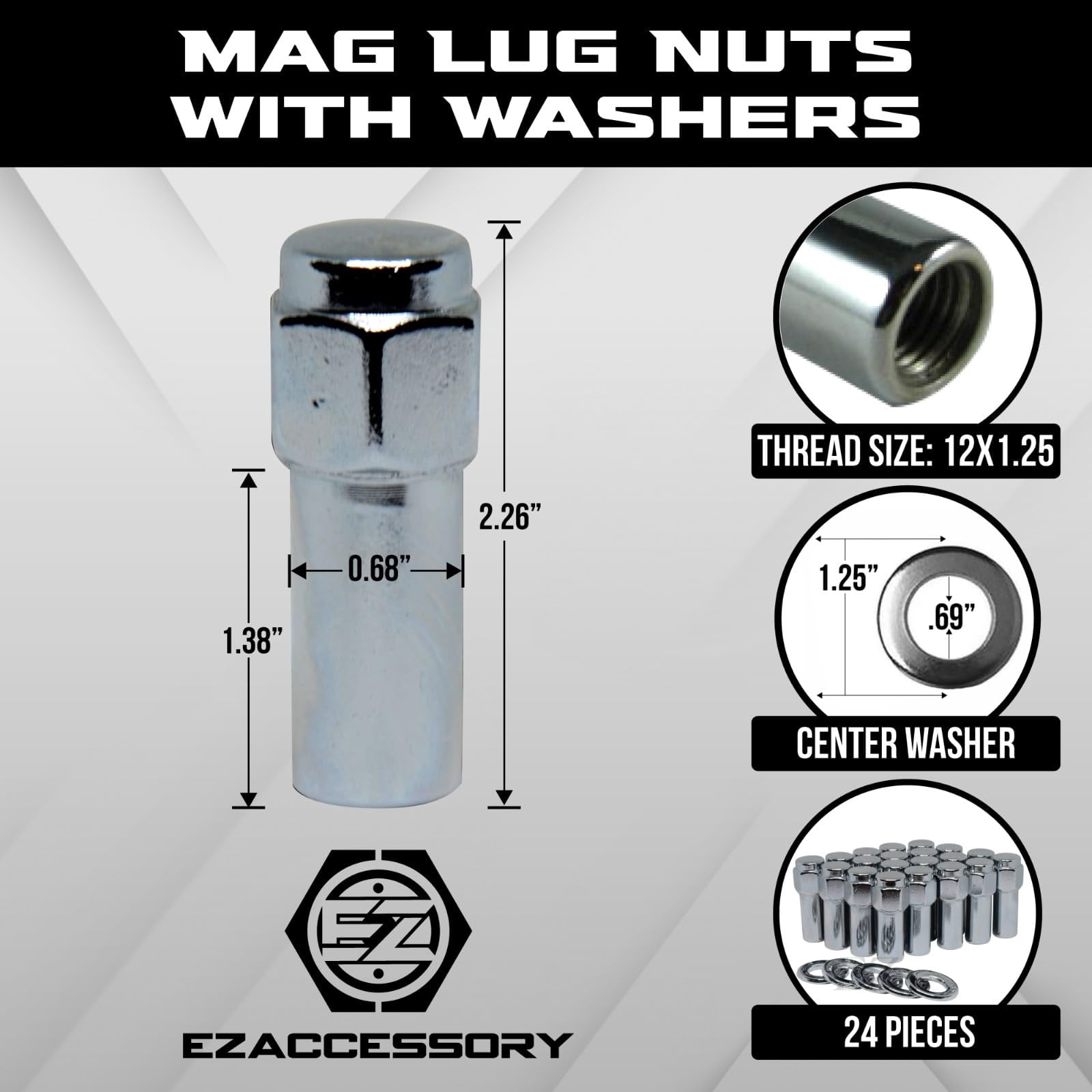 Cragar SST Mag Lug Nut 12x1.25 with Center Washer Set of 24 Pcs