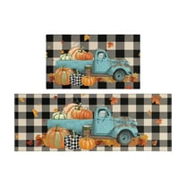Pumpkin Truck Fall Kitchen Rugs Set of 2, Black and White Plaid Decorative Kitchen Harvest Mats for Floor, Autumn Thanksgiving Non-Slip Absorbent Rug and Door Mats-15.7x23.6 and 15.7x47.2 inch