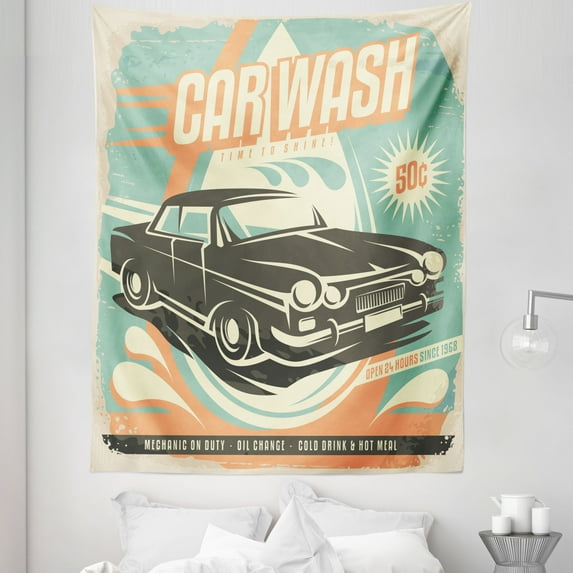 Cars Tapestry, Retro Car Wash Poster Mechanic Repair Cleaning Grunge Advertising, Fabric Wall Hanging Decor for Bedroom Living Room Dorm, 5 Sizes, Pale Orange Turquoise, by Ambesonne