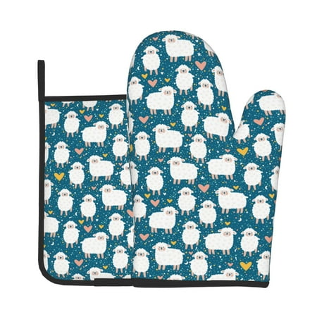 

Vsdgher Cute Sheep And Hearts Oven Mitts and Pot Holders 2 pcs Set High Heat Resistant Kitchen Oven Glove for Baking and Cooking