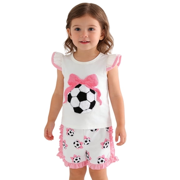 Ruyang Girls 2 Piece Outfits Bow Soccer Sleeveless Ruffle Tops and Print Shorts Sets Cute Summer Athletic Sports Clothes