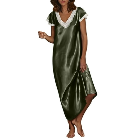 Moxiu Womens Silk Satin Long Nightgown Lace Trim Chemise Lingerie Maxi Sleepdress for Ladies V Neck Shorts Sleeve Sleepwear 2025 Army Green XL