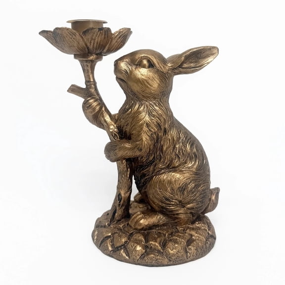 Rirozkan Rabbit Candle Holder, Resin Candlestick with Flowers, Vintage Standing Bunny Decor, Gold Finish Tabletop Ornament, Spring Home Accent for Living Room Shelf Easter Mantel Decoration
