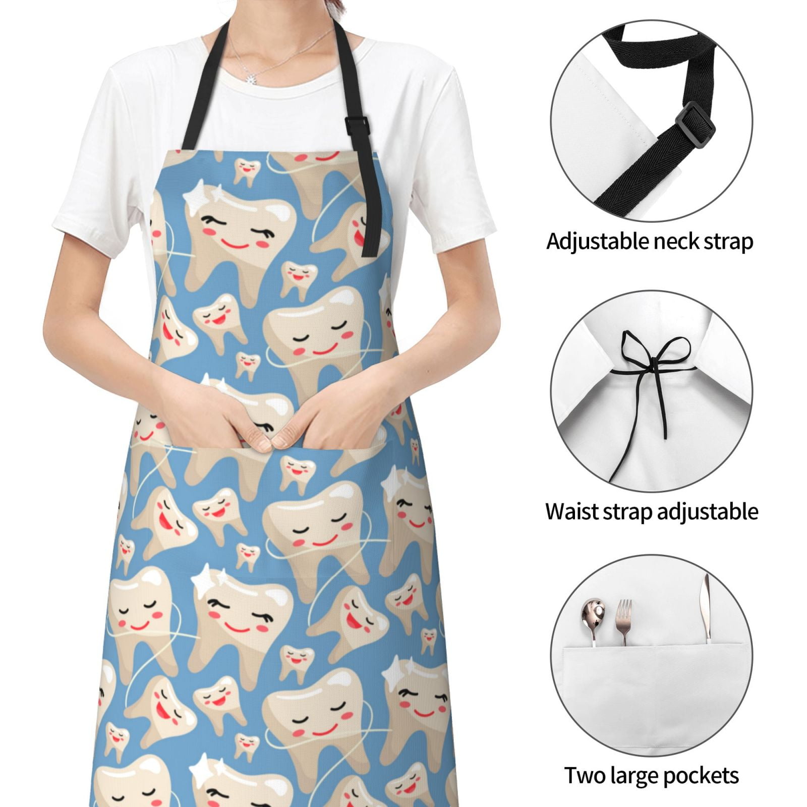 Kdxio Funny Cute Healthy Teeth Apron with Pockets Adjustable Kitchen Aprons for Men Women Waterproof Aprons for Cooking,Drawing,Crafting, Baking Household Cleaning