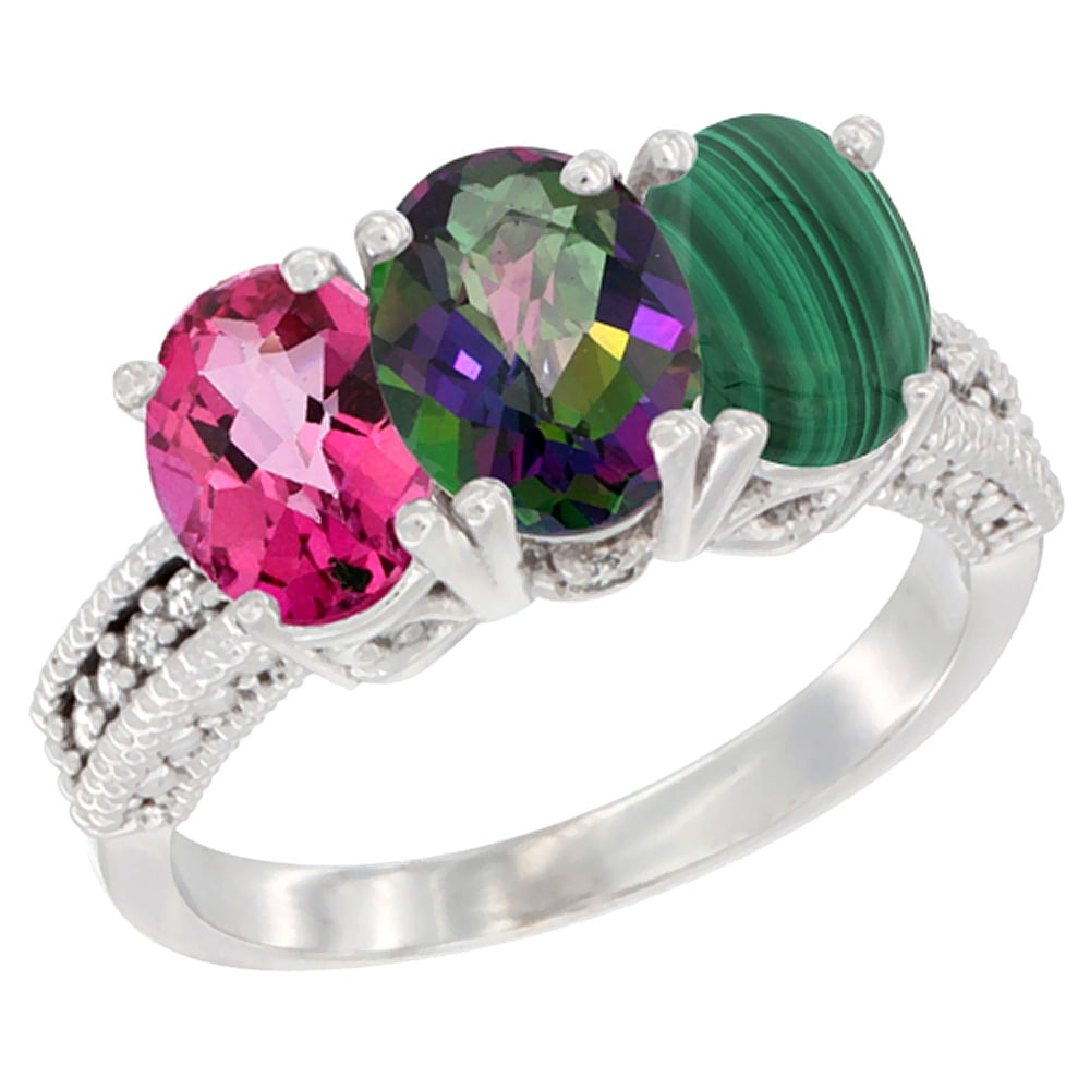10K White Gold Natural Pink Topaz, Mystic Topaz & Malachite Ring 3-Stone Oval 7x5 mm Diamond Accent, sizes 5 10 by WorldJewels