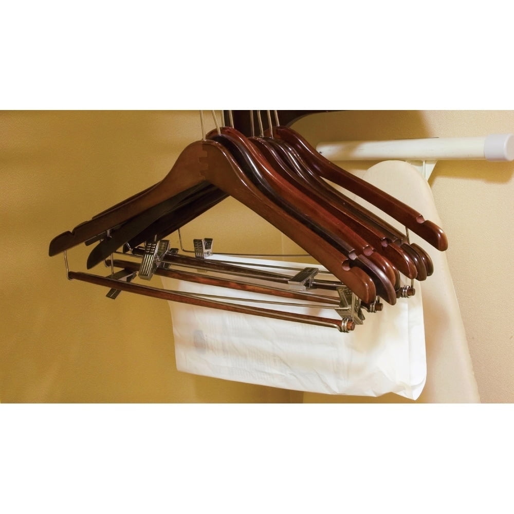 International Hanger Wooden Curved Suit Hanger w/Locking Bar, Walnut Finish with Chrome Hardware, Box of 100