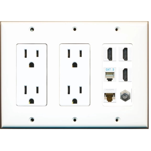 Ultra Spec Cables 3 Port HDMI Coax Cat6 Phone Wall Plate w/Dual Power Outlet
