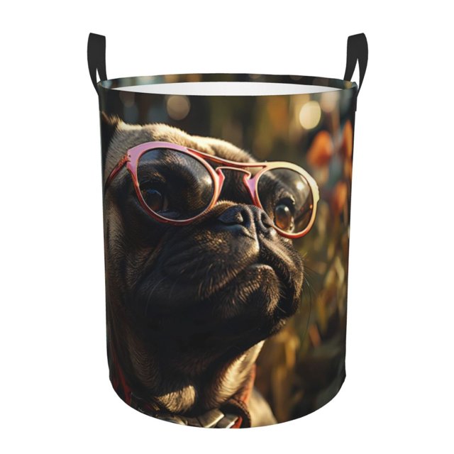 Balery Pug Wearing Sunglasses Flowers Cesta de ropa redonda con asas, impermeable, independiente, para ropa, juguetes, dormitorio y familia-Medium