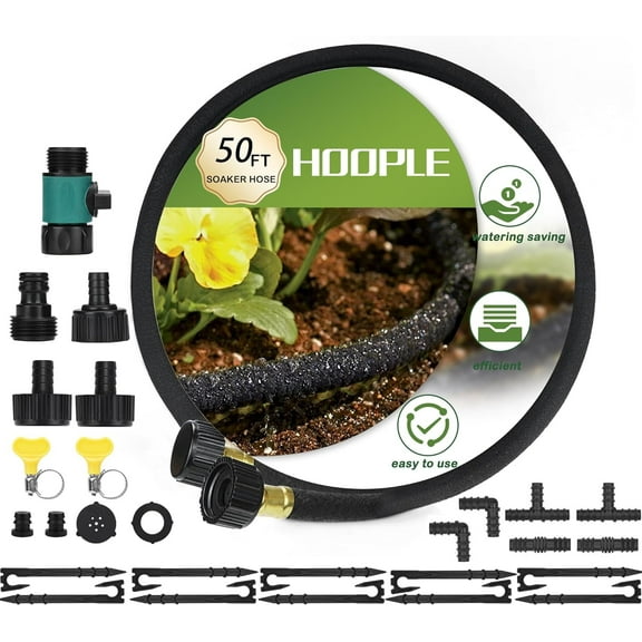 50FT Heavy Duty Rubber Soaker Hose 1/2" with Drip Irrigation Fittings Kit, 80% Water Saving Garden Drip Hose with Brass Fitting, Consistent Drip Throughout Hose (50FT)