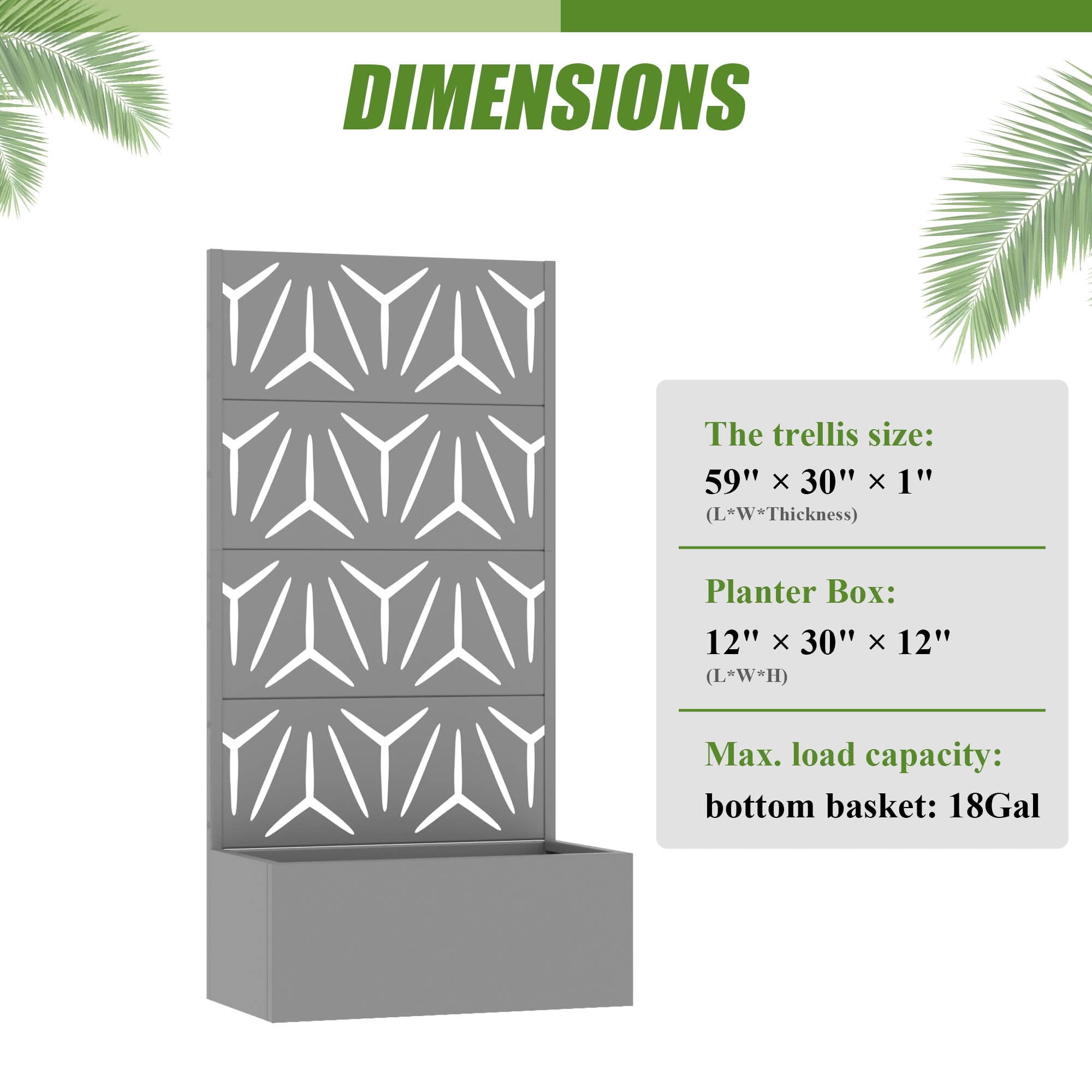 MAYEERTY 59X30" Metal Outdoor Gray Privacy Screen with Planter Box for Backyard & Garden, 4 Piece Set