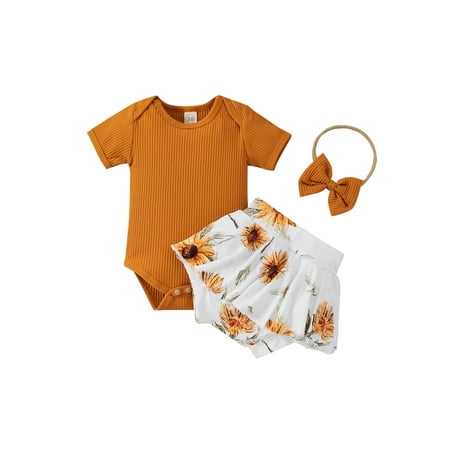 

jaweiw 3Pcs Baby Summer Outfits Set Solid Color Short Sleeves Romper + Sunflower Shorts + Hairband for Toddler Girls Size 0 6 12 18 24 Months