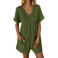 thumbnail image 4 of Women's V Neck Cotton Linen Jumpsuit with Pocket, Short Sleeve Back Zipper Romper, Casual Summer Jumpsuit for Beach Vacation, Streetwear and Daily Wear-Green, 4 of 10