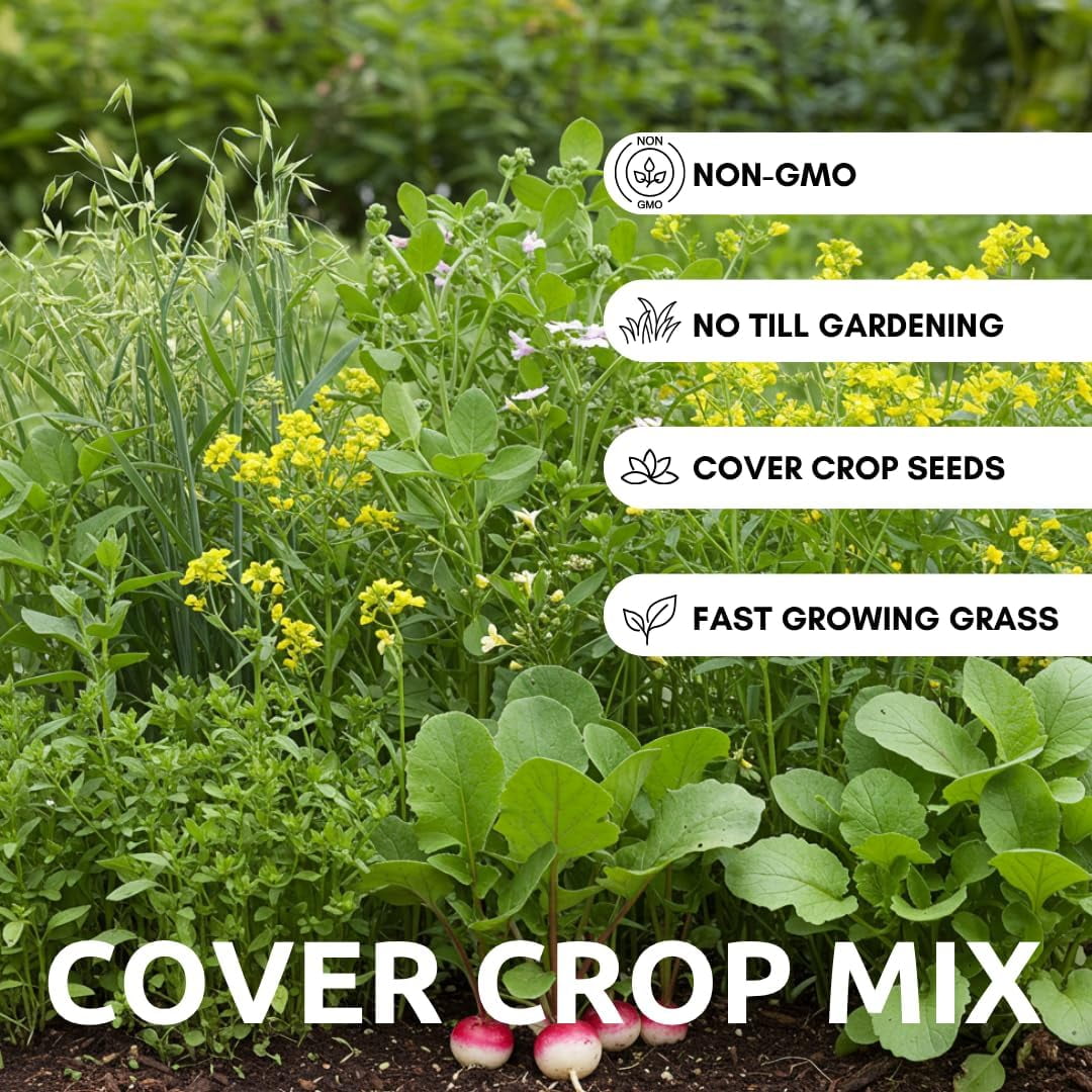 9 Seed No-Till Cover Crop Mix - Non-GMO Seeds - Boosts Soil Health - 5 lb Blend with Oats, Cowpeas, Lentils, Millet, Radish, Flax, Turnips, Mustard & Fenugreek (5 Pounds)