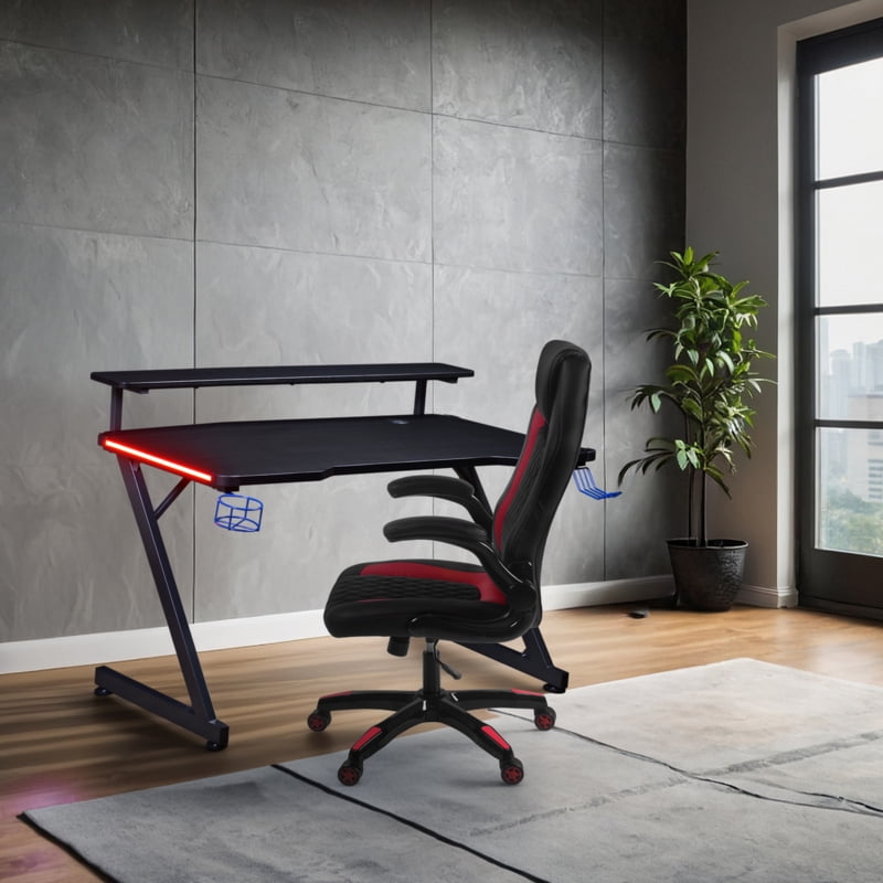 AON Gaming Desk & Gaming Chair Set – LED Carbon Fiber Desk with Riser Shelf and Ergonomic Racing-Style Gaming Chair, Black/ Red