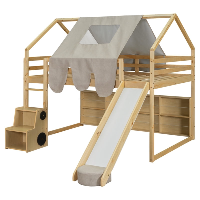 Full Size Wooden Loft Bed with Slide and Tent, House-Shaped Frame Kids Loft Bed with Ladder, Under-Bed Storage Shelves and Toy Organizer, Playhouse Bed for Bedroom