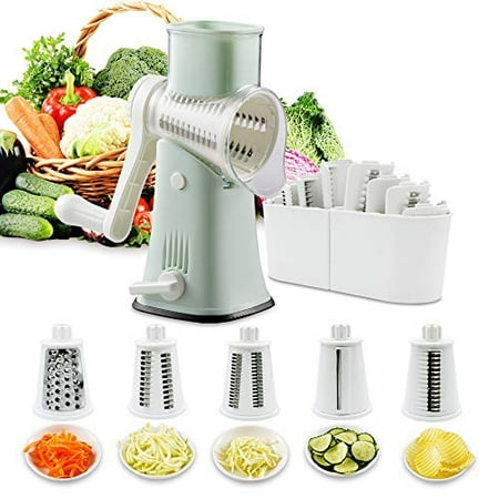 

Rotary Cheese Graters Vegetable Slicer-VEKAYA 5 in 1 Manual Round Mandoline Slicer Julienne Shredder and Potato slicer with Stong Suction Base for Nuts Grinder Cheese Onion