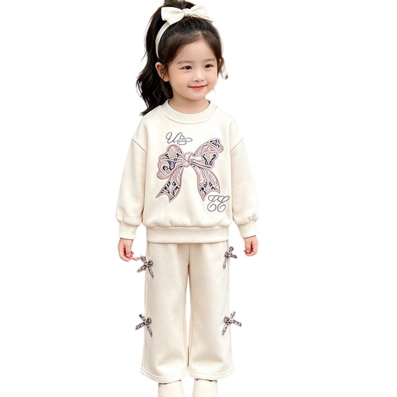 BOOMNY Girls 2 Peice Sweatsuits Bowknot Graphic Long Sleeve Sweatshirts Pants Sets for Kids Comfy Track Suits