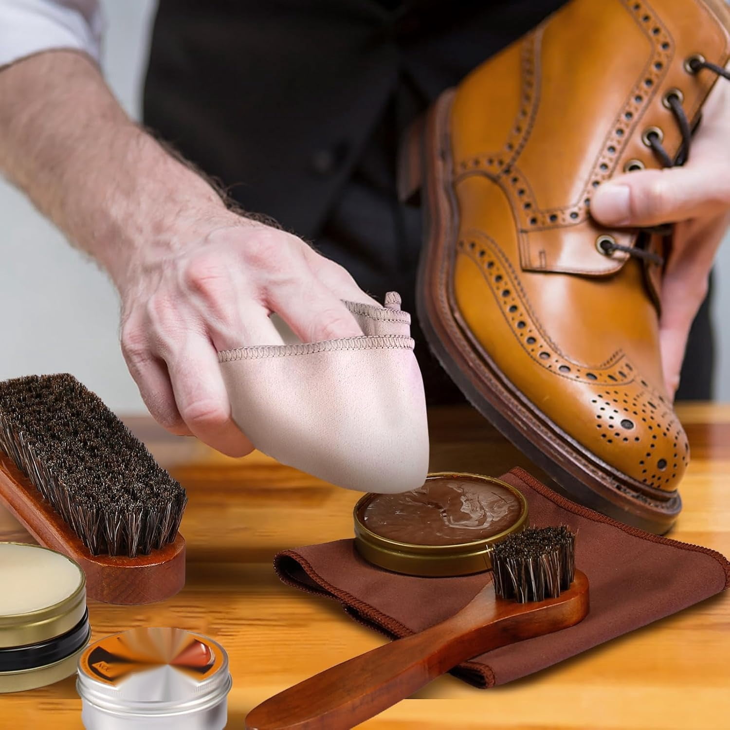 13Pcs Shoe Care Kit for Men & Women,3 Horsehair Shoe Polish Brush,Black Brown Neutral Mink Oil for Shoes,Care for Leather Boots, Shoe Cleaning Kit as Gift for Men with Shine Sponges & Care Cloth