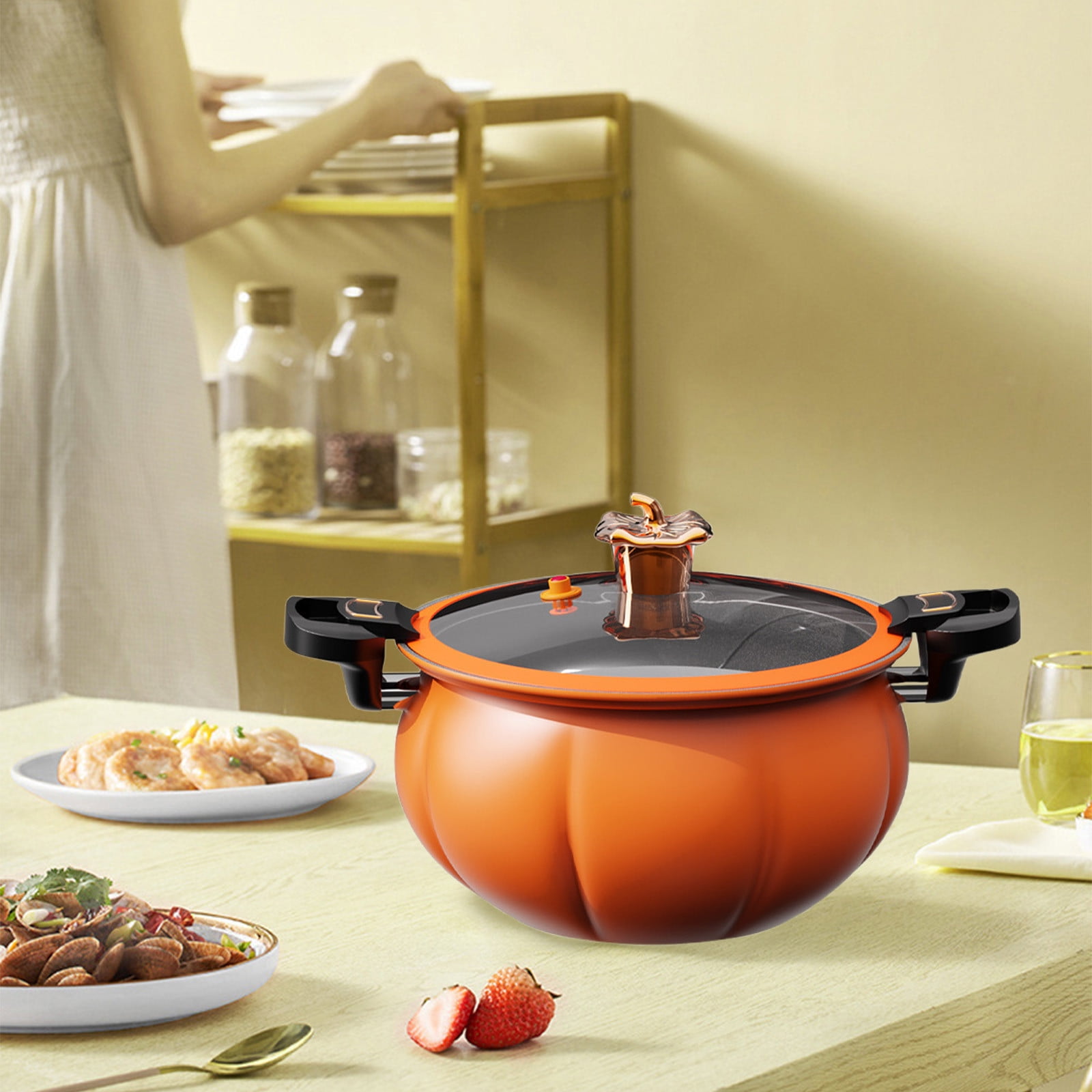 Stainless Steel Micro Pressure Pumpkin Cooker 8.5 Quart, Kitchen Cookware Pots, Pressure Cooker Non-Stick Push Pull Lock Pressure Pot with Lid Seal Spill-Proof Valve Pressure Pot, Orange