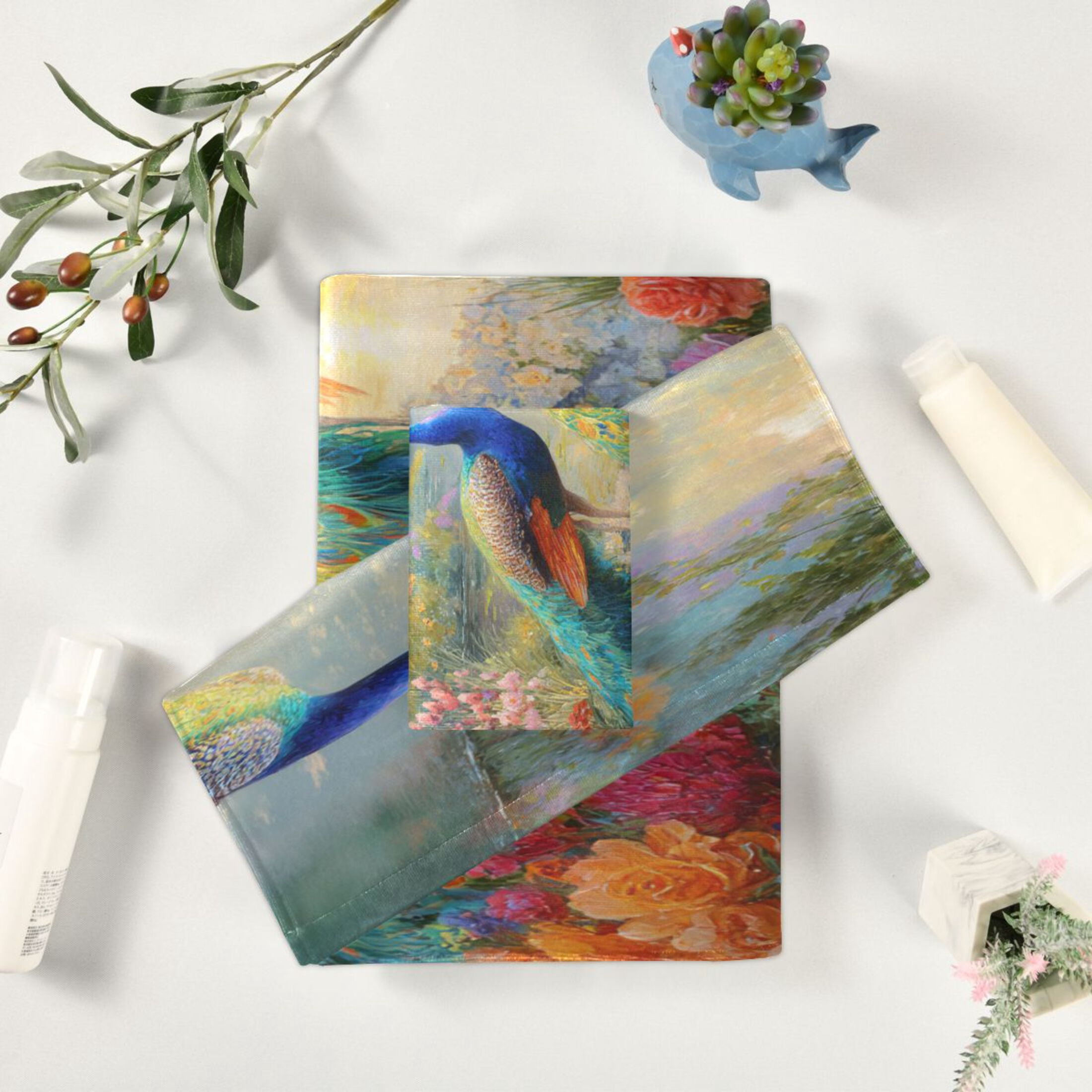 3 Sizes of Towel Sets Including Bath Towel Hand Towel and Washcloth for Daily Use Peacocks in Wonderland