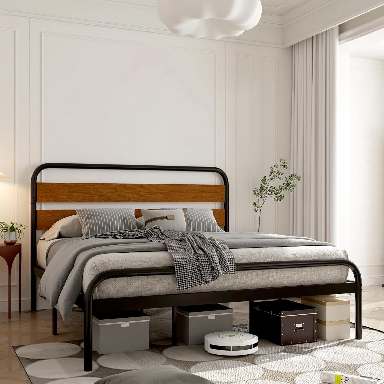 WALYWIK King Size Bed Frame, Heavy Duty Platform Frame with Wooden Headboard and Under-Bed Storage, Noise Free Design Mattress Foundation, Easy Assembly, Sandalwood Brown
