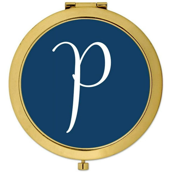 Koyal Wholesale Gold Compact Mirror Bridesmaid's Wedding Gift, Navy Blue, Monogram Letter P, 1-Pack