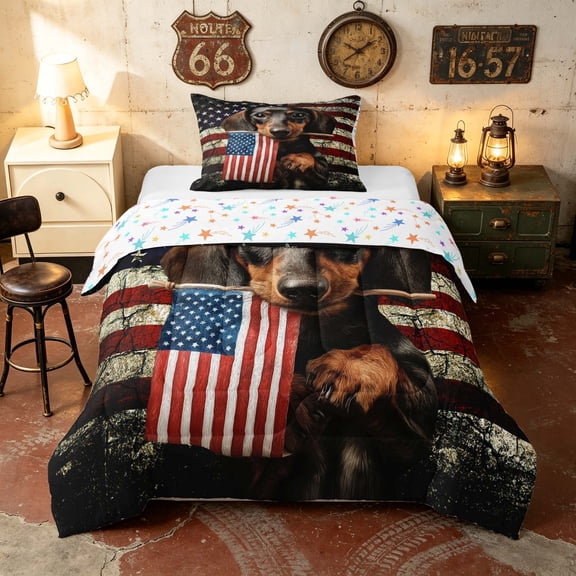Manfei Vintage Dachshund Twin Comforter Sets, American Flag Bedding Set, Black Brown, Colorful Stars Reversible 2pcs, 1 Comforter and 1 Pillowcase