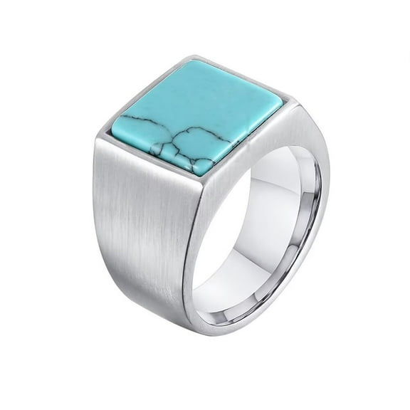 HIJONES Men's STAINLESS STEEL Square Flat Agate Gemstone SignetRing Matte Polished Finger Wedding Band Silver Light Blue Stone Size 7