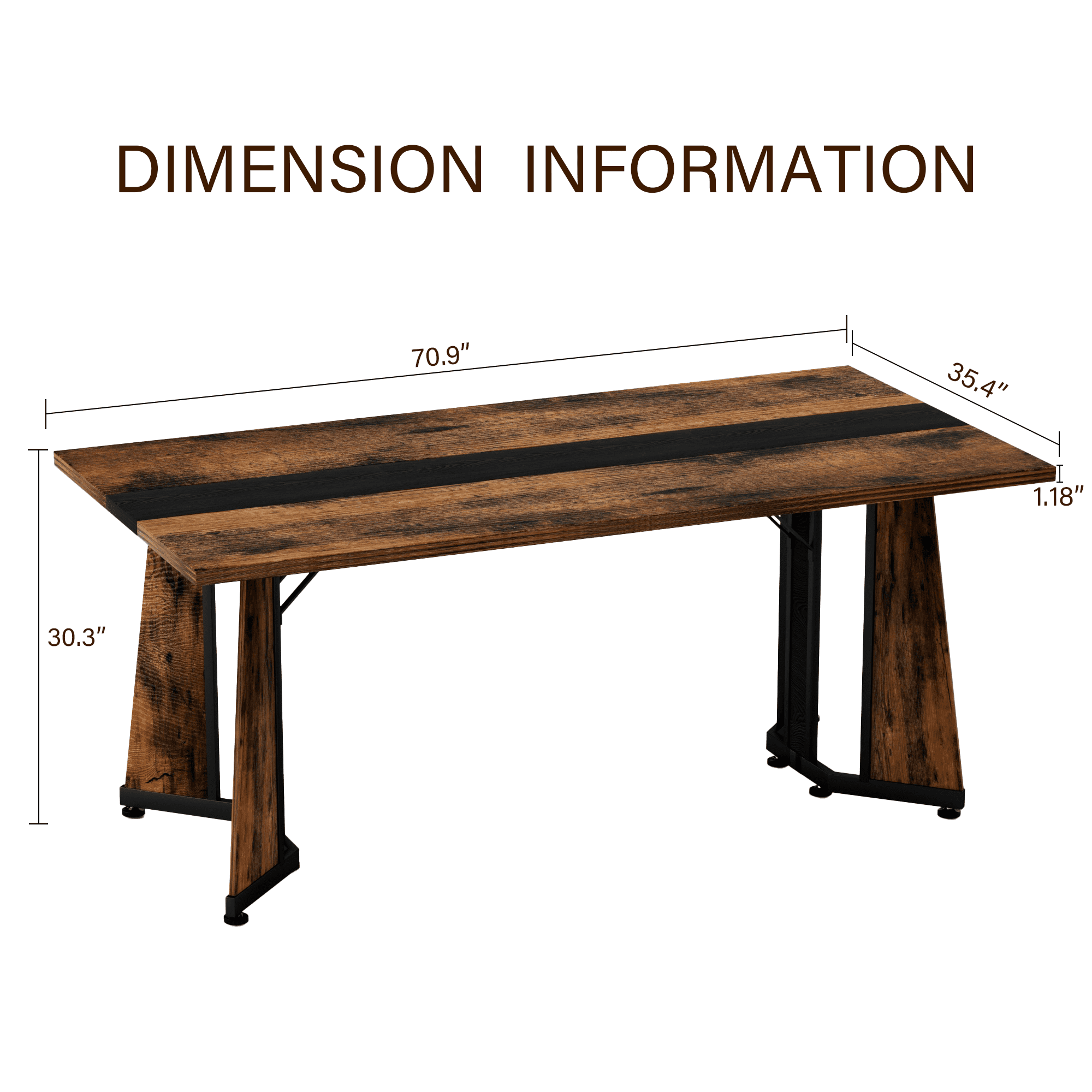 Miniyam 71" Modern Marble-Look Dining Table for 6–8, Rectangular Kitchen Table with Glossy Waterproof Top & Metal Base, Rustic Brown