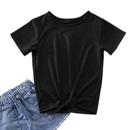

ZIZOCWA Girls Polka Dot Shirt Under Shirts for Toddler Girls Little Girls Tie Front Knot T Shirt Solid Short Sleeve Crewneck Fashion Loose Casual Summ BlackXXL