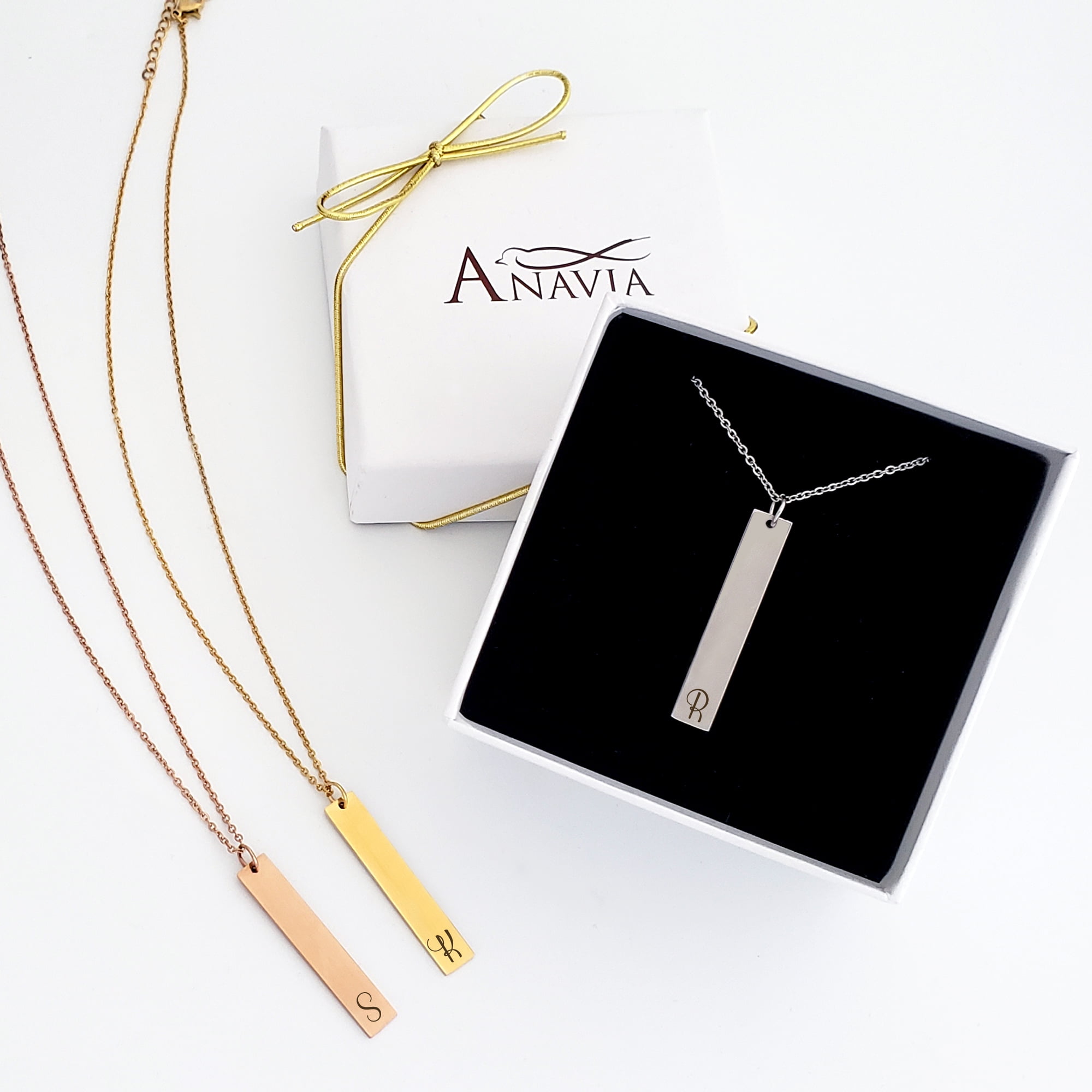 Anavia Personalized Initial Name Necklace Gift for Her Silver Stainless Steel Women's Vertical Bar Pendant Gift for Fiancee Mom Girlfriend Name Necklace Free Jewelry Box Ships Next Day
