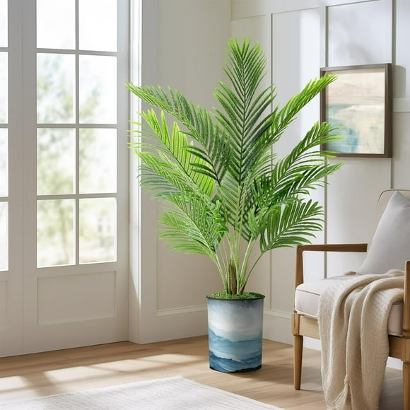 Artificial Tree in Sea Landscape Pattern Planter, Fake Areca Tropical Palm Silk Tree for Indoor and Outdoor Home Decoration - 57" Overall Tall (Plant Plus Tree)
