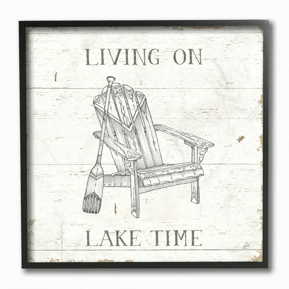 Stupell Industries Living On Lake Time Chair And Paddle Country Word Design Graphic Art Black Framed Art Print Wall Art, 12x12, by Daphne Brissonnet