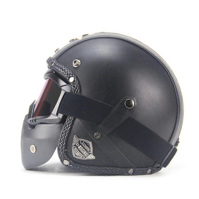 Casco abierto vintage de cuero sintético 3/4 para motocicleta y bicicleta con máscara protectora