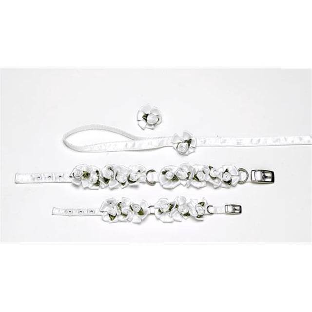 A Pets World 14000201-16 Ribbon Dog Collar + Leash Set- Wedding Petal Flower Rosettes with Pearls