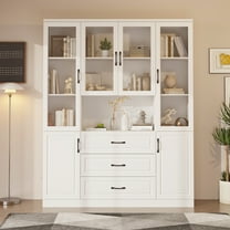 78.7”H Bookcase Bookshelf with Storage Shelves, 3 Drawers & 4 Glass Doors, Wooden Display Storage Cabinet with 11 Compartments for Home Office, Living Room,White
