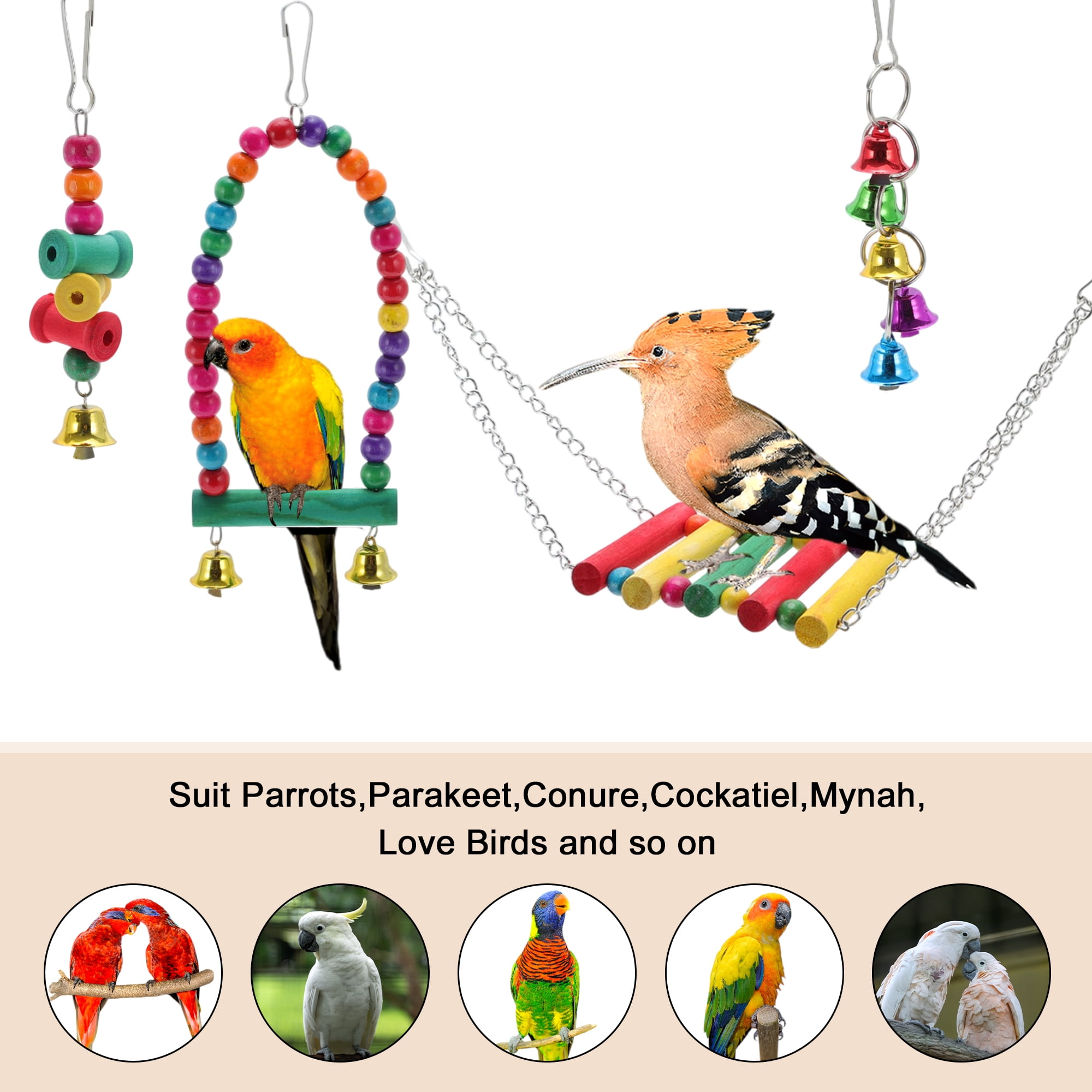 Unique Bargains Cockatiel Toys, Bird Parrot Swing, Chewing Toy Set Pet Birds Toys for Parakeet Conures Finches 15 Pcs Multifunctional Hanging Bell Climbing Ladders