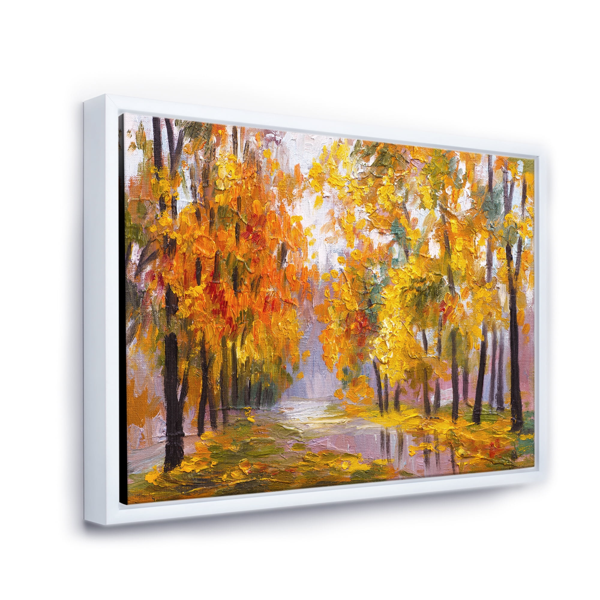 Forest Full Of Fallen Leaves In Autumn Along River 20 in x 12 in Framed Painting Canvas Art Print, by Designart