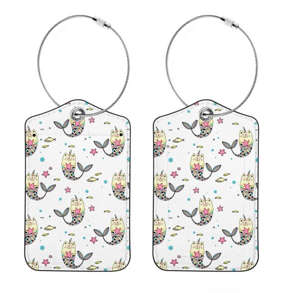 Luggage Tag, Travel Tags, Handbag Tag - Square PU Leather 2 Pack with Privacy Cover and Stainless Steel Ring - Suitable for Travel, Backpack, Handbag [Amazon Approved] Cat Mermaid