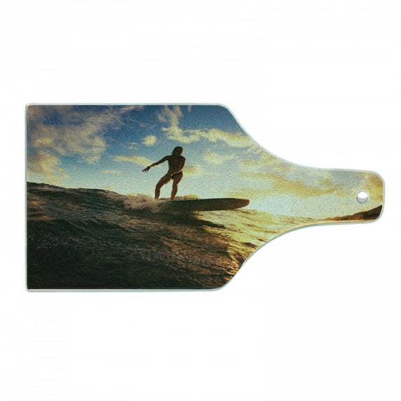 Ride the Wave Cutting Board, Sunset Surf in the Ocean Young Woman Under Dramatic Sky Exotic Hobby Image, Tempered Glass Cutting and Serving Board, Wine Bottle Shape, Sepia Blue, by Ambesonne