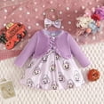 thumbnail image 6 of Y-Sunset Girls 3 Piece Halloween Outfit Set, Purple Ruffle Long Sleeve Cardigan Pumpkin Print Sleeveless Dress Matching Bow Headbandy(Purple/3-6 Months), 6 of 9