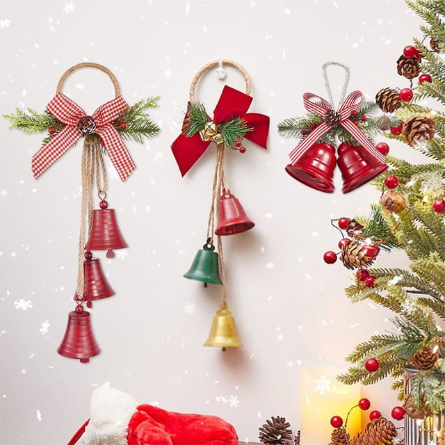 Fiudx Adorno de Campanas Navideñas, Lazo de Terciopelo y Piñas, Sonido Festivo, Ideal para Árbol de Navidad o Puerta, Diseño Multicolor Vibrante, Tamaño 23 X 20 Cm, 38 X 23 Cm y 35 X 15 Cm.