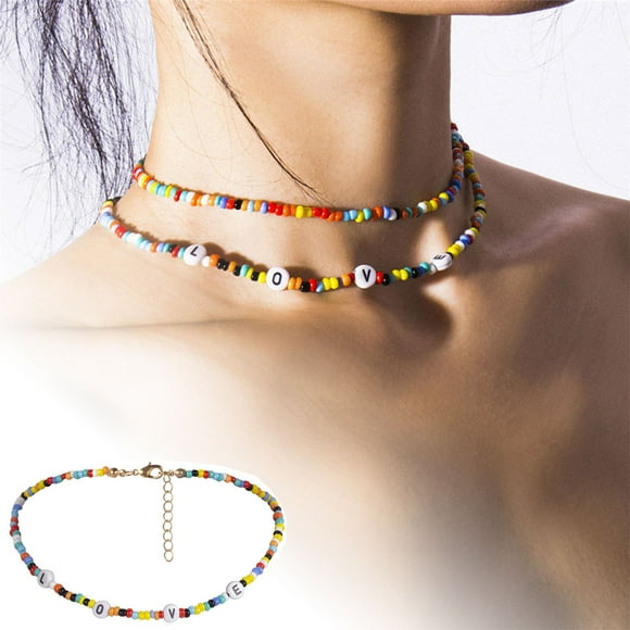 Hearth & Gear Rice Bead Necklace Set Trade Personality Jewelry Fashion Double Layer Letters Tennis Necklace Large Necklace Women Necklace Set Laye Necklaces for Women Fashion Necklace for Women Pearl