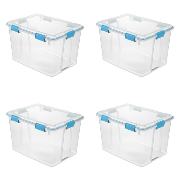Sterilite 80 Quart Gasket Box, Weather-Resistant Clear Storage Bin with Lid, Blue, 4 Count